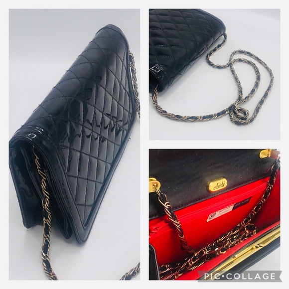 Ande’ Vintage Black Quilted Patent Clutch or Shoulder Bag - Picture 10 of 16